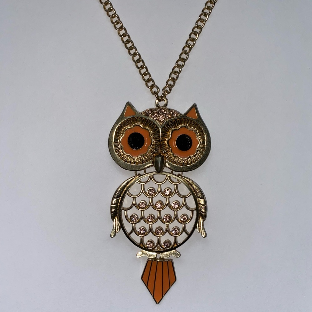 Gold and Orange Owl Pendant Necklace